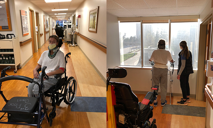 [Left] Dr. Ludwig uses her mobility aids at the California Rehabilitation Institute to progress from a wheelchair to a walker to standing over time. [Right] Dr. Ludwig stands next to her physical therapist at the California Rehabilitation Institute after advancing from a wheelchair to standing following her spinal cord injury.