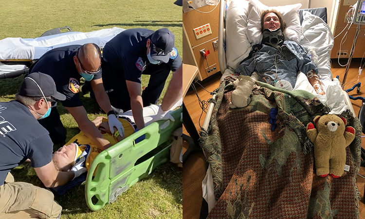 [Left] Paramedics aid Dr. Ludwig immediately following the polo accident that led to her spinal cord injury. [Right] KPSOM Faculty Member Dr. Kirsten Ludwig lies in a hospital bed following her polo accident.