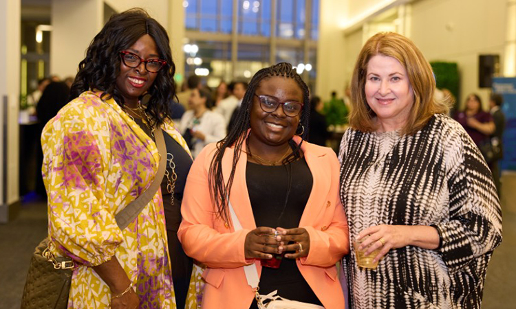 KPSOM Chief Advancement Officer Ije-Enu Udeze Nwosu, KPSOM Development Program Manager Danielle Omar, and Elizabeth Weinberg gather at the 2026 KPSOM Awards and Recognition Celebration.