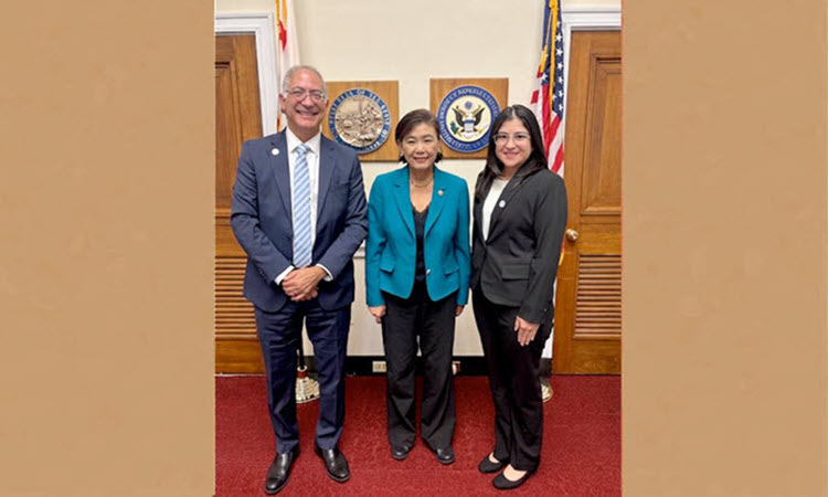 KPSOM Dean and CEO Dr. John L. Dalrymple; U.S. Rep. Judy Chu; and KPSOM student Bianka Aguirre.
