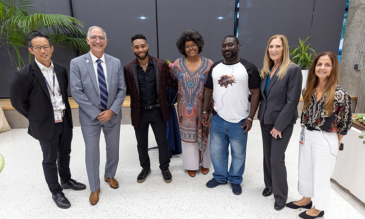 (L-R) Dr. Jerry Cheng; Dean John L. Dalrymple, MD; KPSOM student Zach Rouseau; Dr. Resa Caivano; sickle cell survivor Donte Cofield; Diane Batham, and Dr. Lisa Mueller 