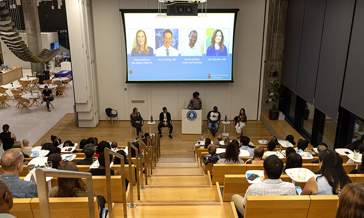 Event panelists Diane Batham, Dr. Jerry Cheng, Dr. Resa Caivano (moderator), sickle cell survivor Donte Cofield, and Dr. Lisa Mueller discuss sickle cell treatment options and patients’ lived experiences