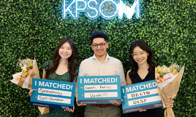 Class of 2026 members Joanne Li, Isaiah Dowlen, and Ronnie Yunjie Li at the Match Day Celebration.