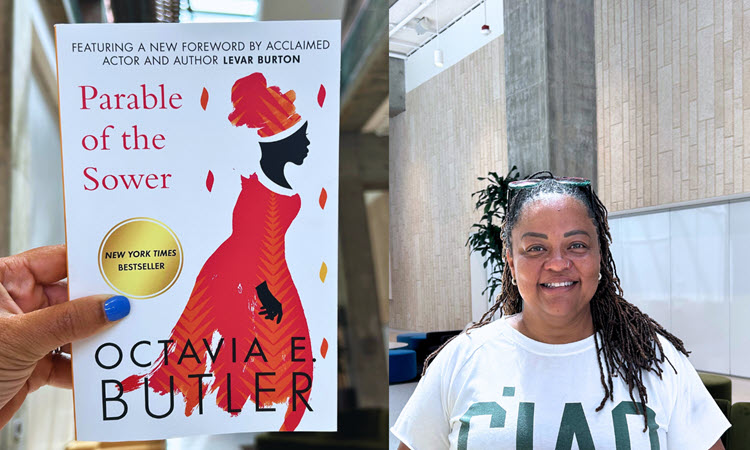 Parable of the Sower by Octavia Butler (left), Octavia’s Bookshelf Founder, Nikki High (Right)