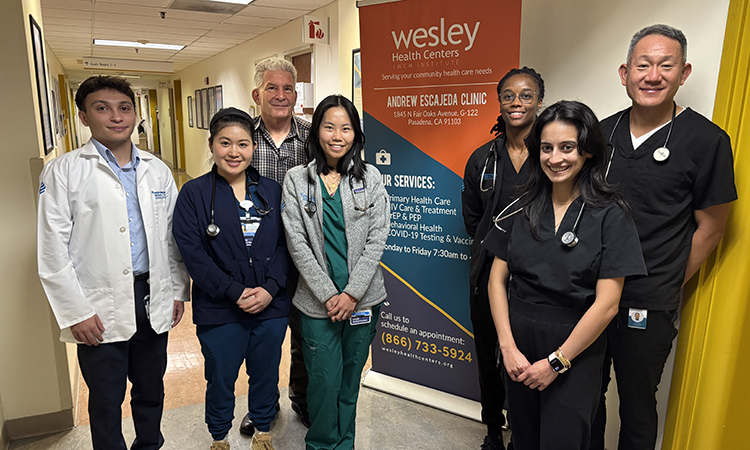 Left to right: Boston Lutfi, Jacqueline Masehi-Lano, Dr. Marc LaRiviere, Abigail Li, Destiny Rochester, Sanah Basrai, and Dr. John Su at the Student-Run Clinic.