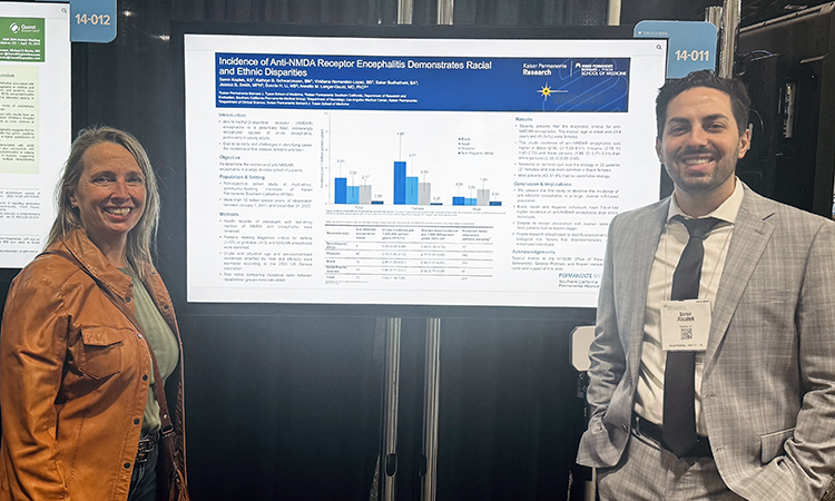 Annette Langer-Gould, MD, PhD, Clinical Professor of Clinical Science and student Samir Alsalek presenting at 2024 American Academy of Neurology meeting.