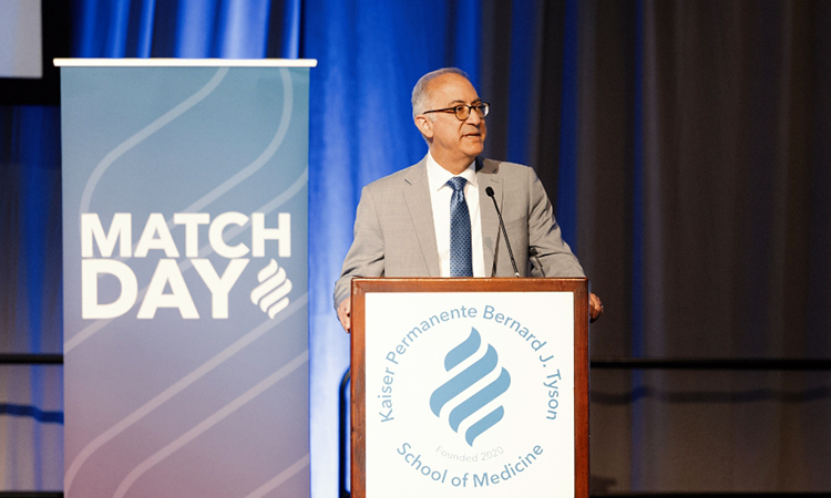 Dean and CEO John L. Dalrymple, MD, delivers remarks at the 2025 KPSOM Match Day Celebration event at the Pasadena Convention Center.