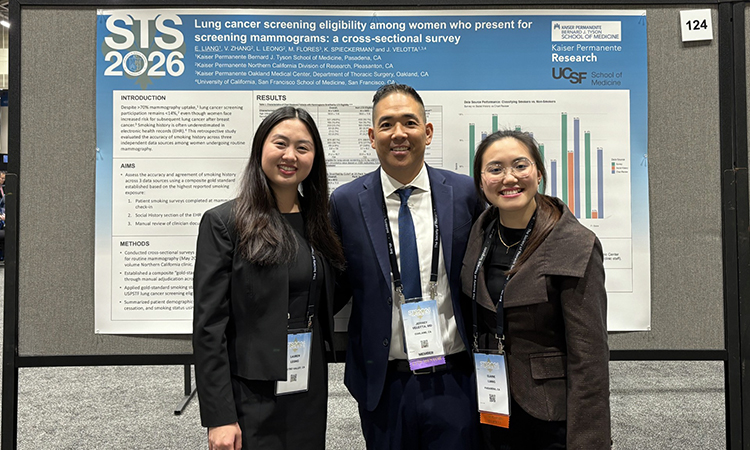 Student volunteer Lauren Leong, Dr. Jeffrey Velotta, and KPSOM student Elaine Liang present at the January 2026 Society of Thoracic Surgeons Annual Meeting in New Orleans.