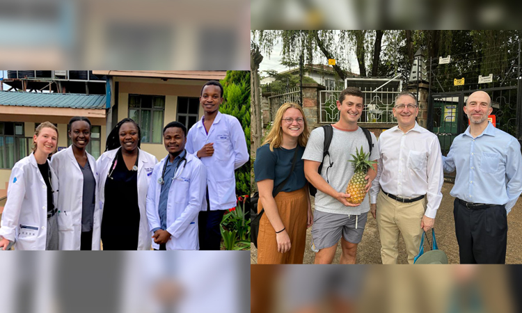 (Left) KPSOM student Isabelle Franklin poses with Kenyan colleagues from her Internal Medicine rounding team.  (Right) Dean Mark Schuster poses with KPSOM students Ellie Frat and Benjamin Metrikin, and Dr. Jeff Brettler, outside of IU House.