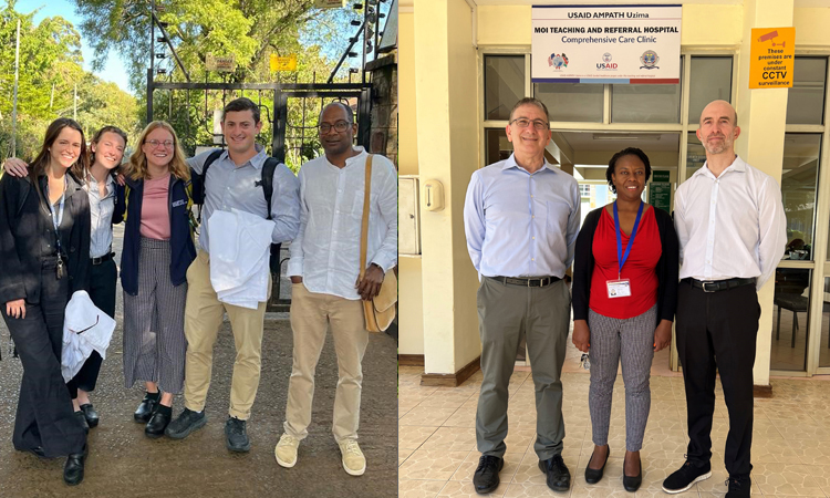 (left) KPSOM students gather outside of IU House along with Internal Medicine team lead Lu’aie Kailani. (right) Dean Mark Schuster visits the Moi Teaching and Referral Hospital Comprehensive Care Clinic along with Evelyn Too, supervisor of the AMPATH Moi Teaching and Referral Hospital HIV clinic, and Dr. Jeff Brettler.