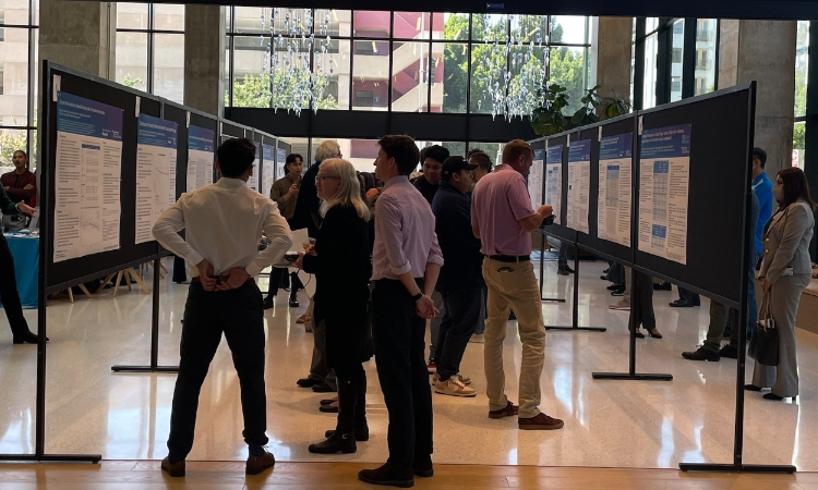 Faculty, students, and visitors peruse the scholarly projects on display at the symposium.